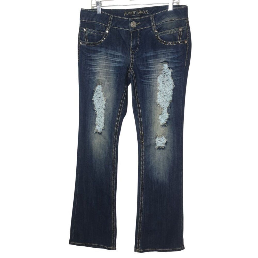 Almost Famous Distress Flare Jeans 13 Urban Denim Rhinestone Accents Junior